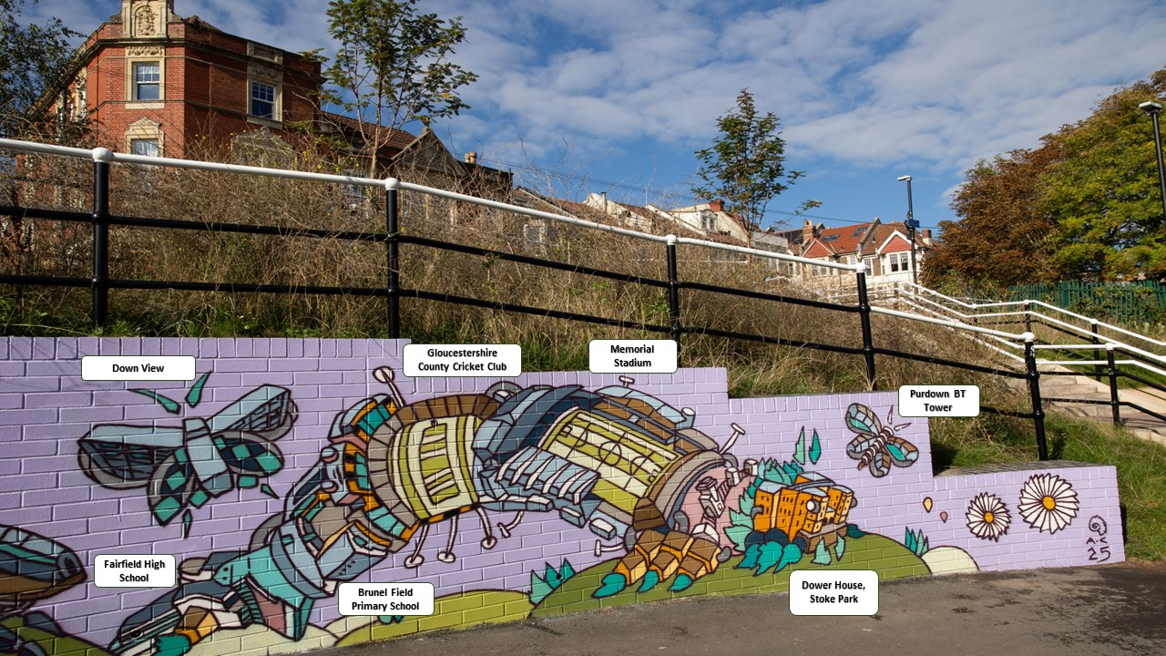 Ashley Down Station mural with labelled text 'Down view', 'Fairfield High School', 'Gloucestershire County Cricket Club', 'Brunel Field primary school', 'Memorial Stadium', 'Dower House stoke park', 'Purdown BT tower'