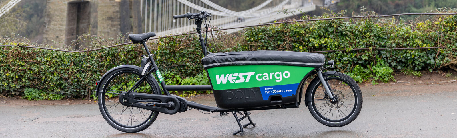 WEST cargo bike sits in front of bristol suspension bridge