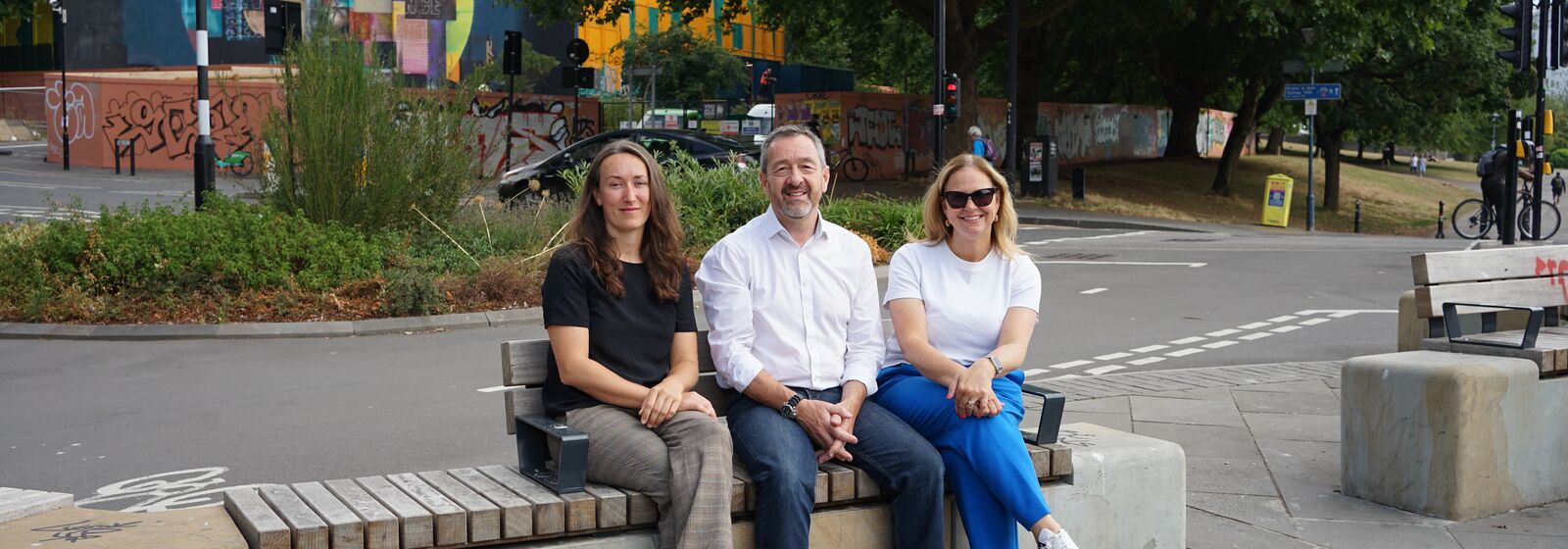 Helen Godwin, the new Mayor of the West of England, is pictured with Chris Boardman, the National Active Travel Commissioner, and Councillor Heather Mack, the Deputy Leader of Bristol City Council, by Bristol Bridge/Castle Park.