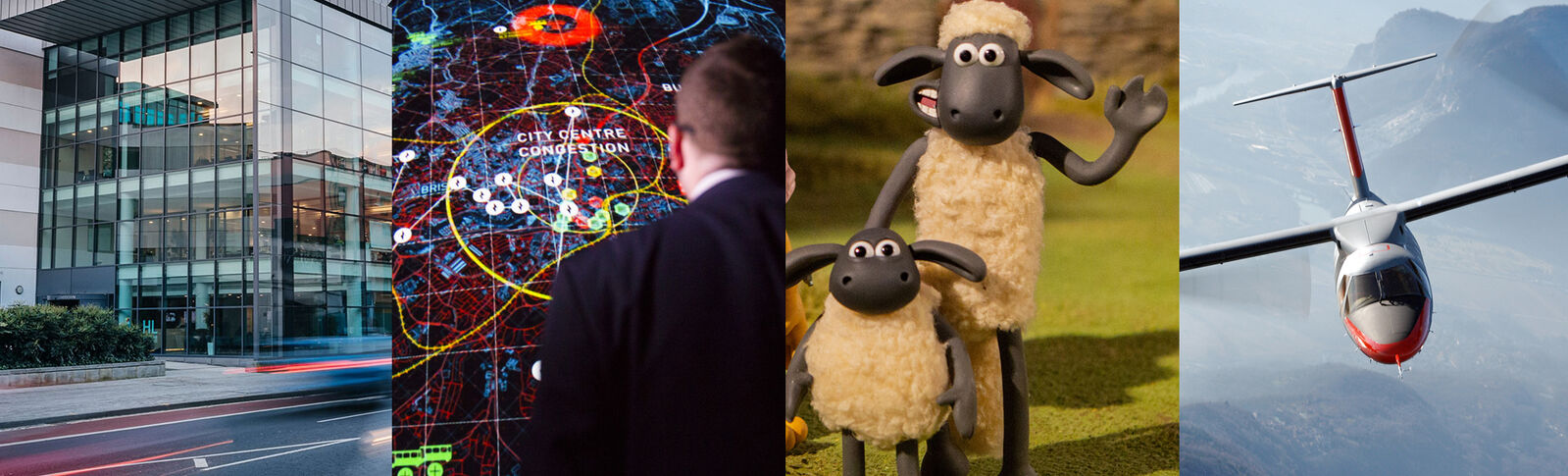 4 images including Shaun the Sheep, Hargreaves Lansdowne building, a man looking at a screen and Vertical Aerospace aircraft