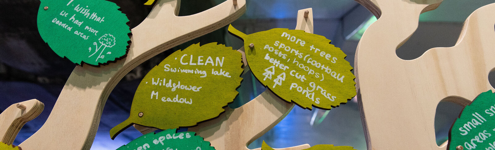 Board of wooden leaves with indecipherable writing on them