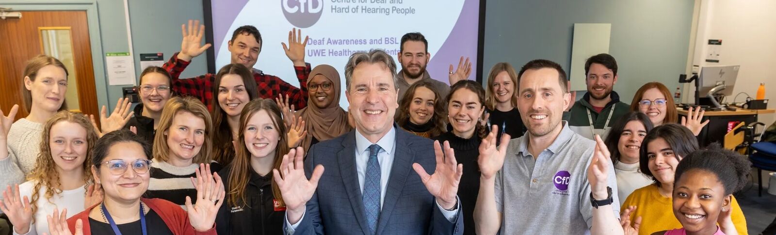 Mayor Norris with people from sign language training at UWE.