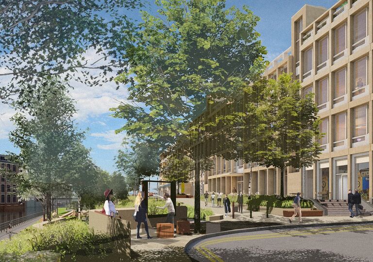illustration of bath riverside innovation district with trees and people