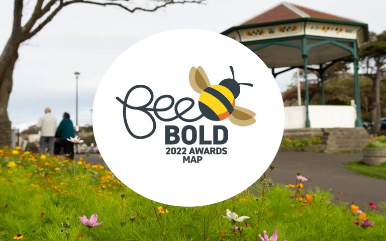 Bee Bold awards map logo on an outdoor background