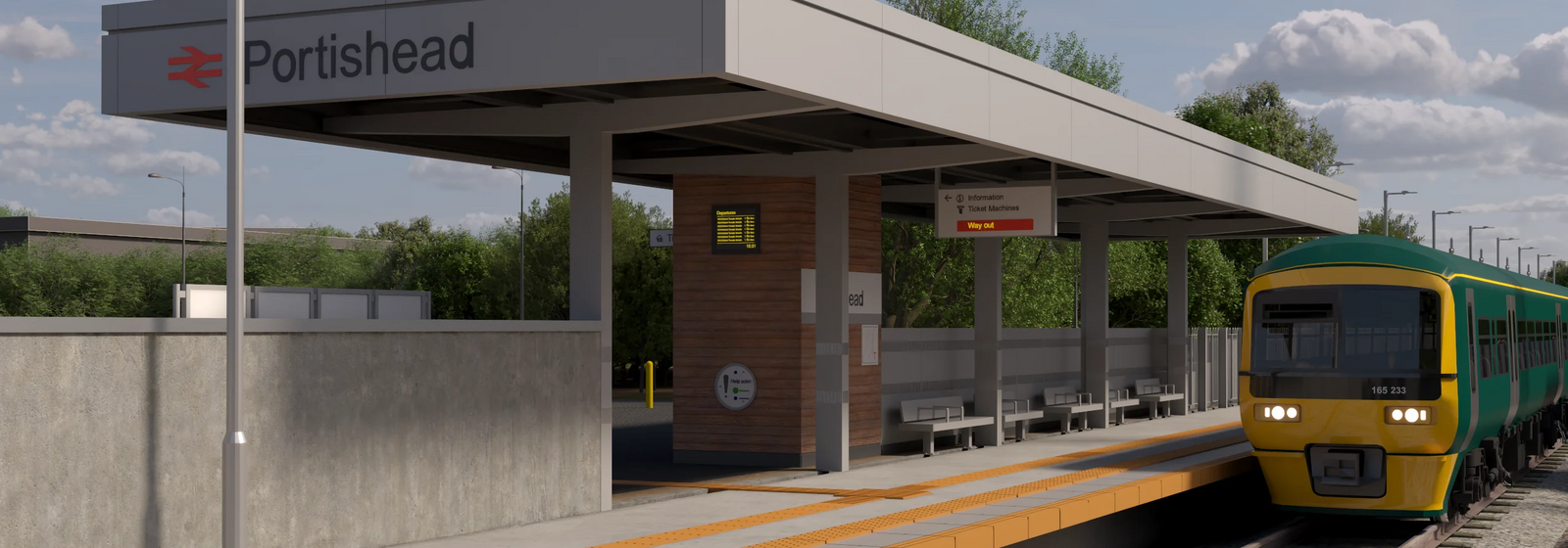 artistic impression of a train pulling into portishead station