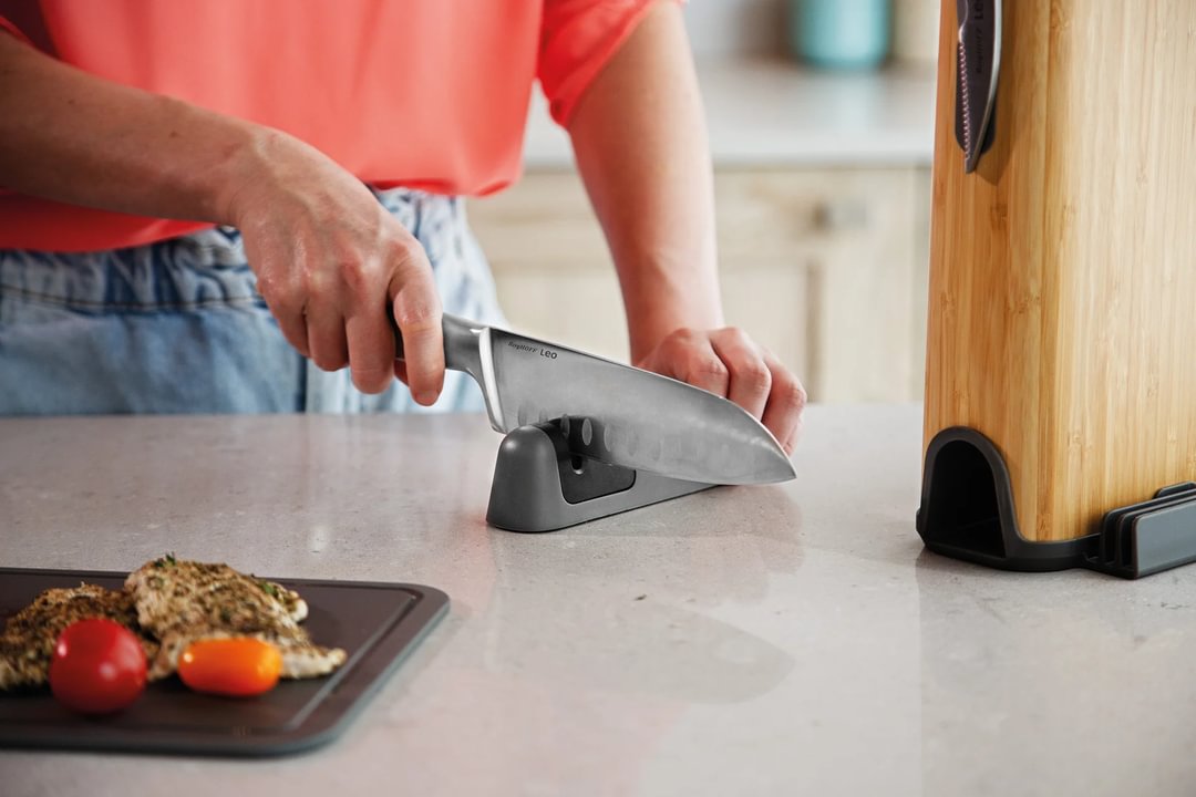 Knife sharpener with two stages grey