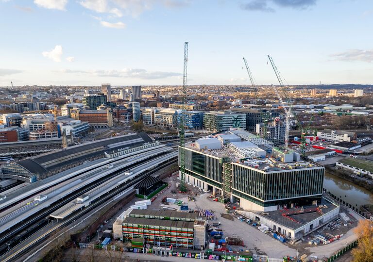 Drone image of Bristol Temple Quarter West with buildings and the Bristol Temple Meads Station.