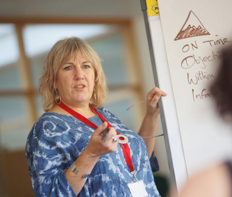 Person teaching at white board