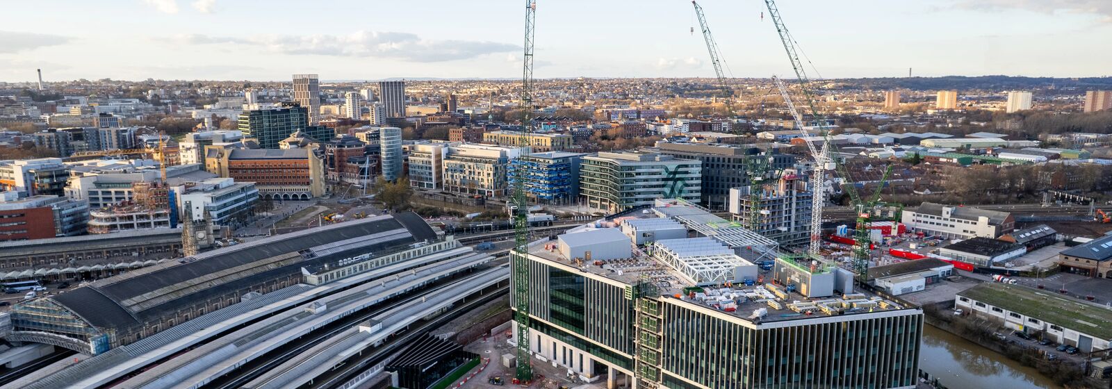 Drone image of Bristol Temple Quarter West with buildings and the Bristol Temple Meads Station.
