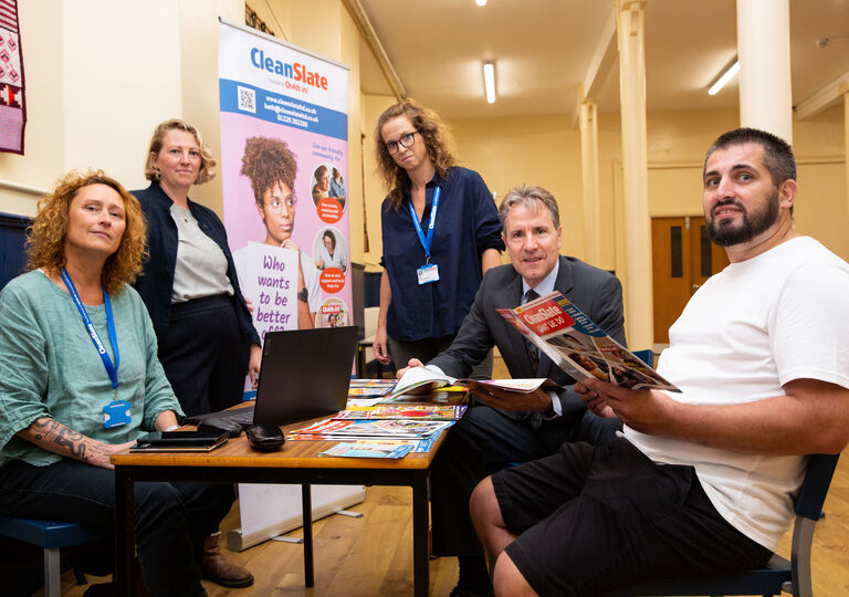 (left to right) are Bella Washbourne (Clean Slate support worker), Emma Kernahan (head of programmes), Anna Dietrich (regional lead - West of England), Metro Mayor Dan Norris and Mark Milsom (course participant). 