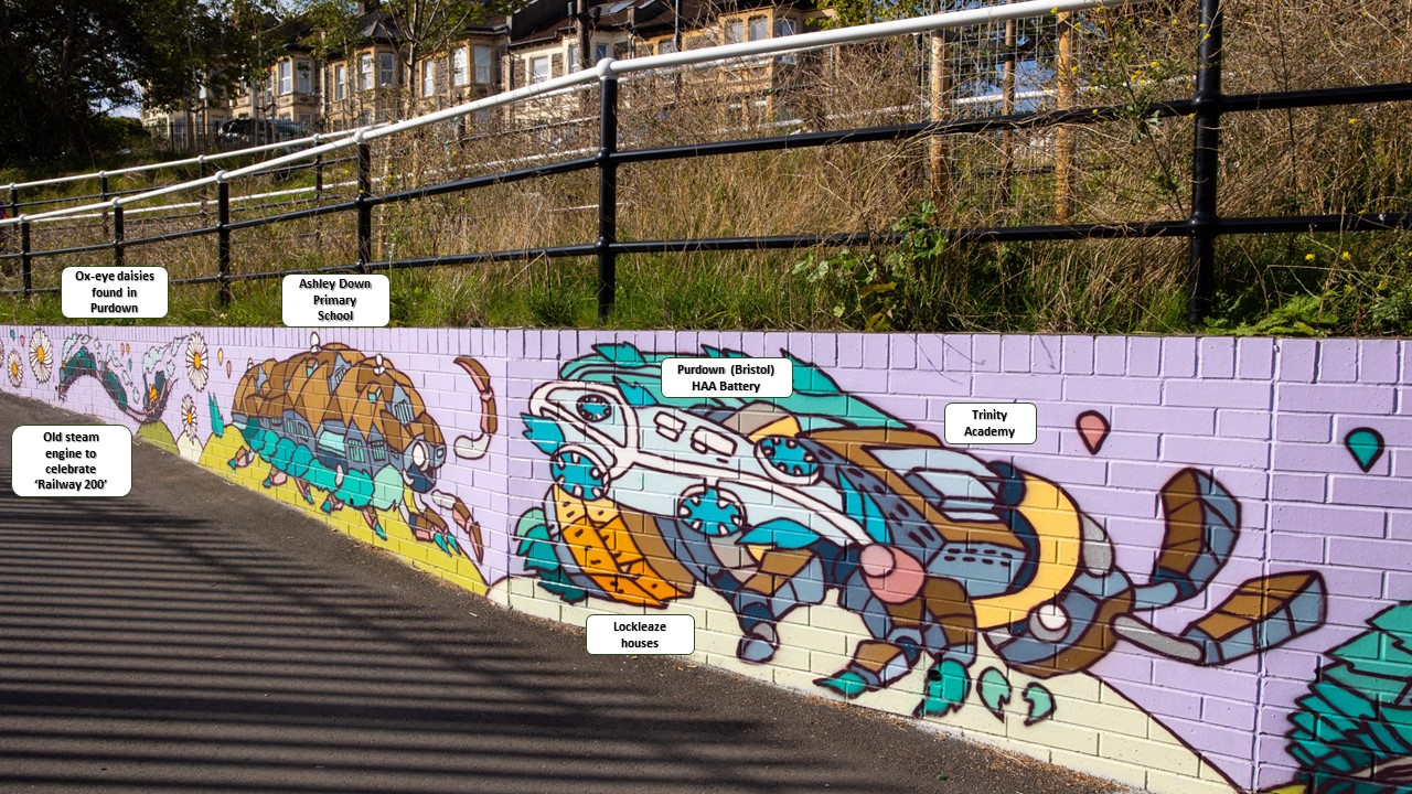 Ashley Down Station mural with labelled text 'ox-eyed daisies found in Purdown', 'old steam engine to celebrate railway 200', 'Ashley Down primary school', 'Purdown (Bristol) HAA battery', 'Lockleaze houses', 'Trinity Academy'