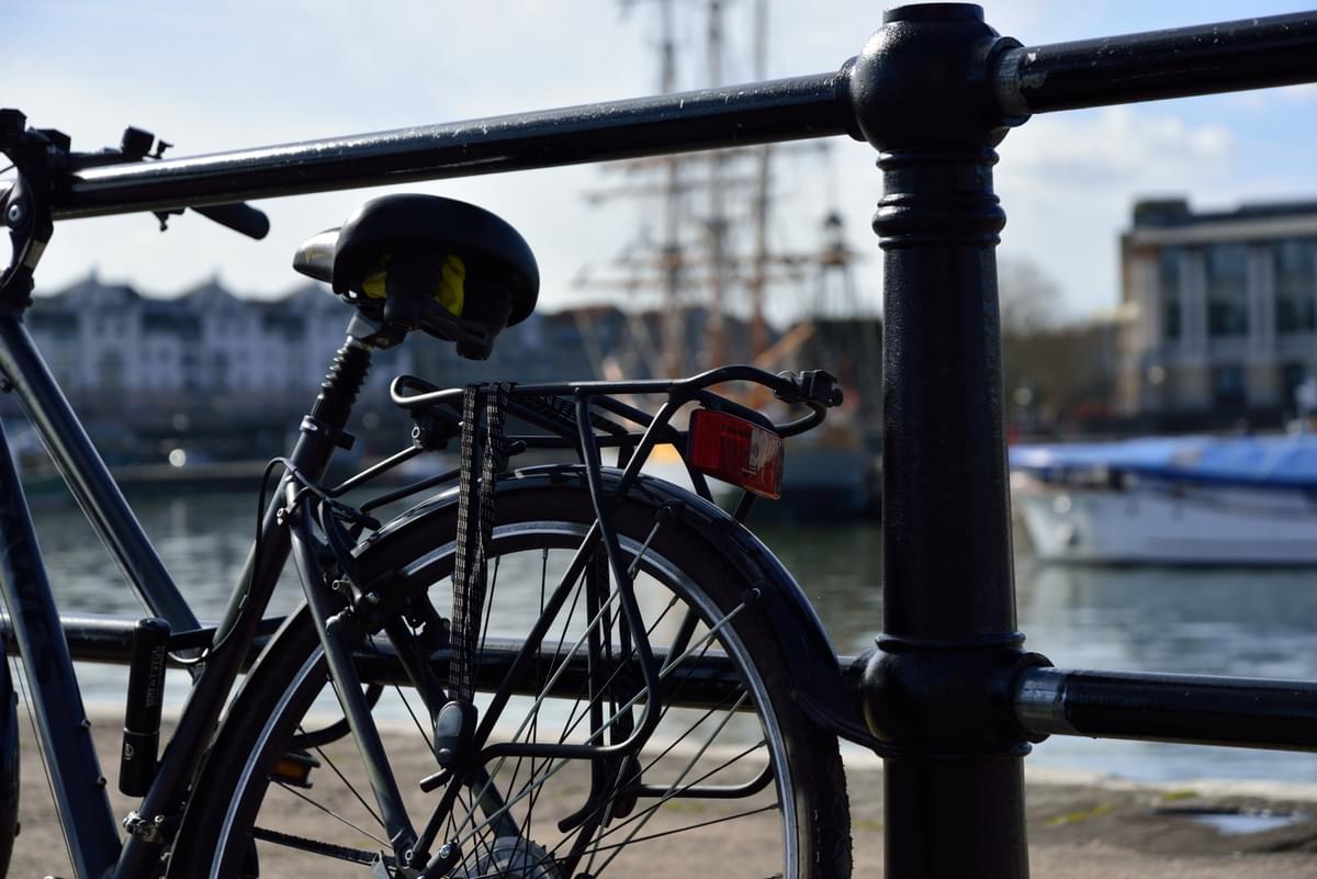 Bicycle resting against railings