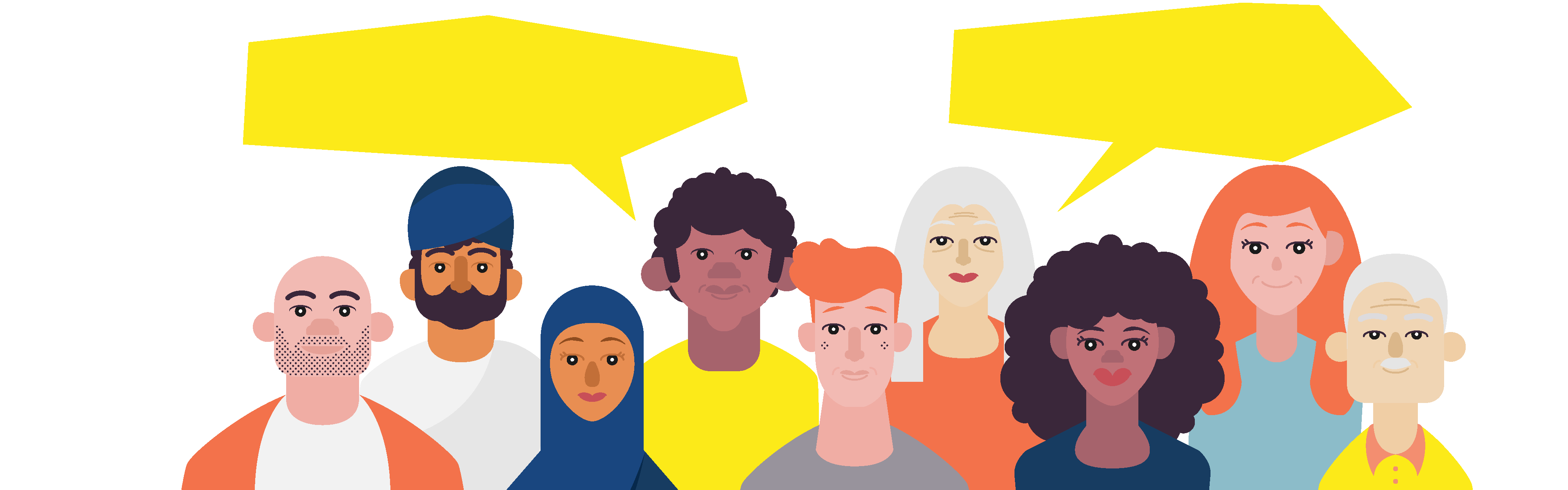 Illustration of group of people with speech bubbles, blank