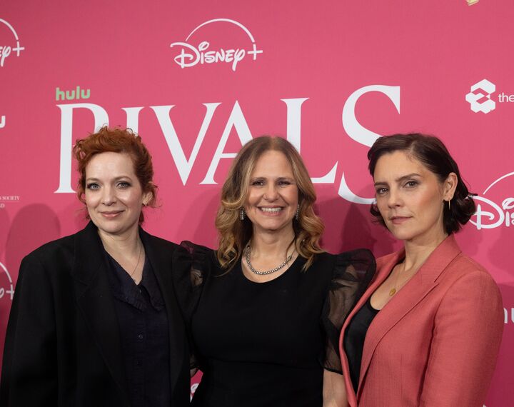 Mayor Helen Godwin with Rivals cast members Katherine Parkinson and Annabel Scholey