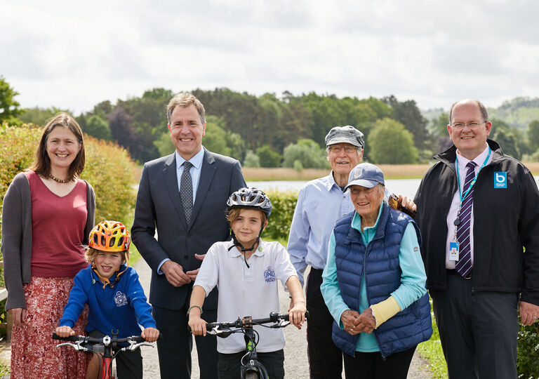  Cllr Sarah Warren, Dan Norris, Bill and Pam Blyth and Richard Price with children on bikes at the new Chew Valley Trail