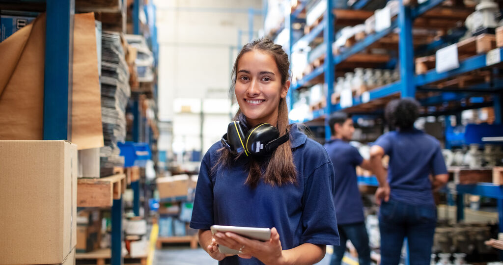 Person happy in a warehouse