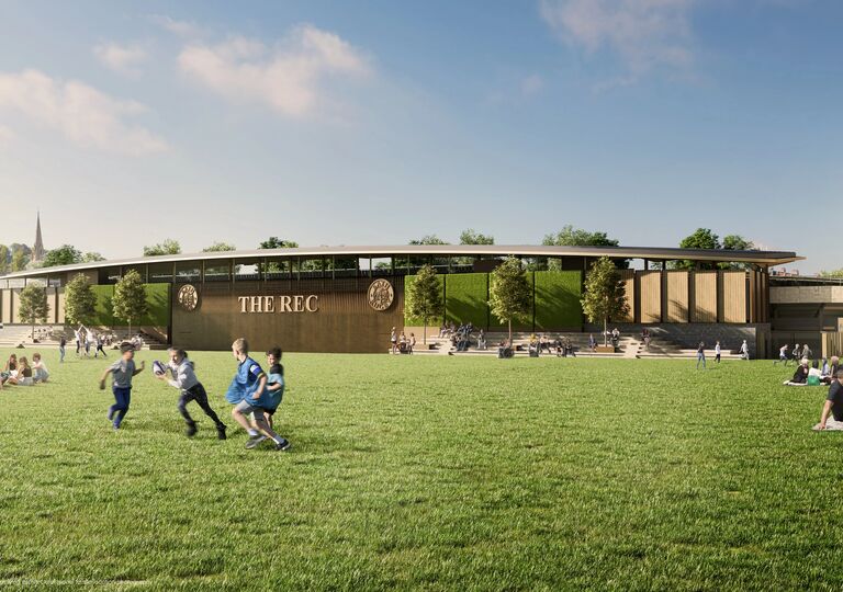 ai generated image of bath stadium east stand with kids playing on grass