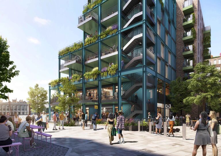 cgi ilustration of building with plants and people
