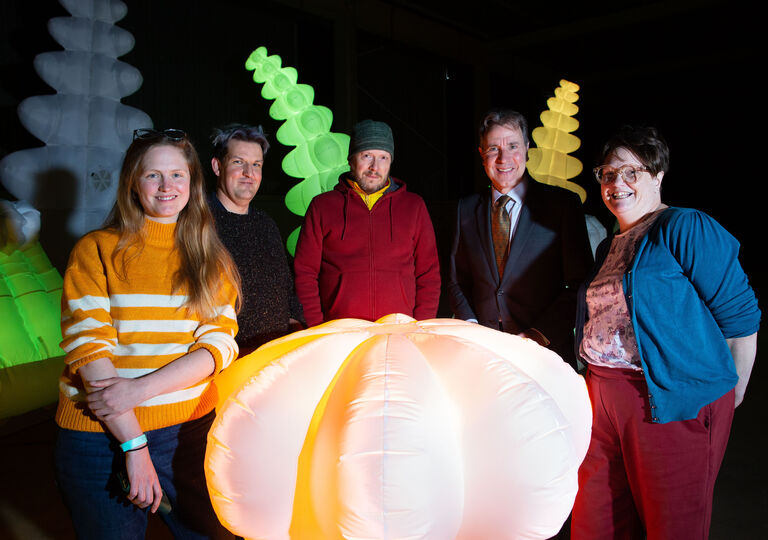 Pictured with the inflatable robo-plants are Air Giants directors Emma Powell, Robert Nixdorf and Richard Sewell, Metro Mayor Dan Norris and Air Giants producer Lucy Heard
