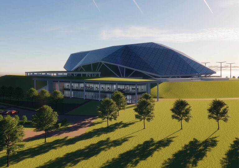cgi view of modern building surrounded by fields and trees