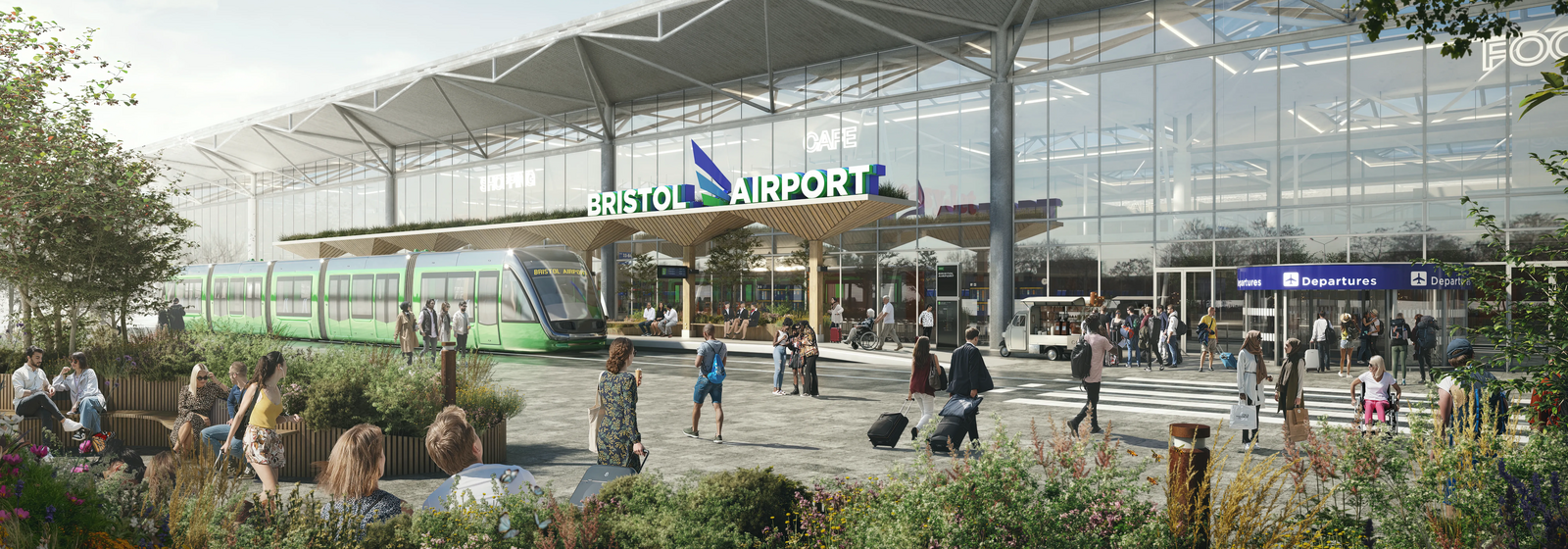 A mass transit concept shows a tram/light rail vehicle serving Bristol Airport.