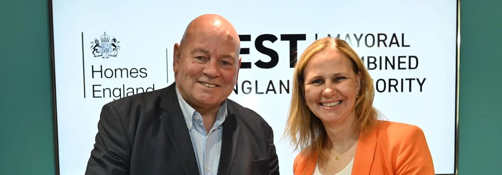 Eamonn Boylan, Chief Executive of Homes England, and Helen Godwin, the new Mayor of the West of England, are pictured smiling.