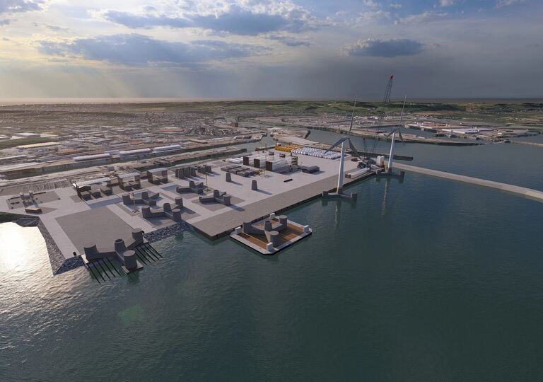cgi aerial view of wind terminal on the severn estuary