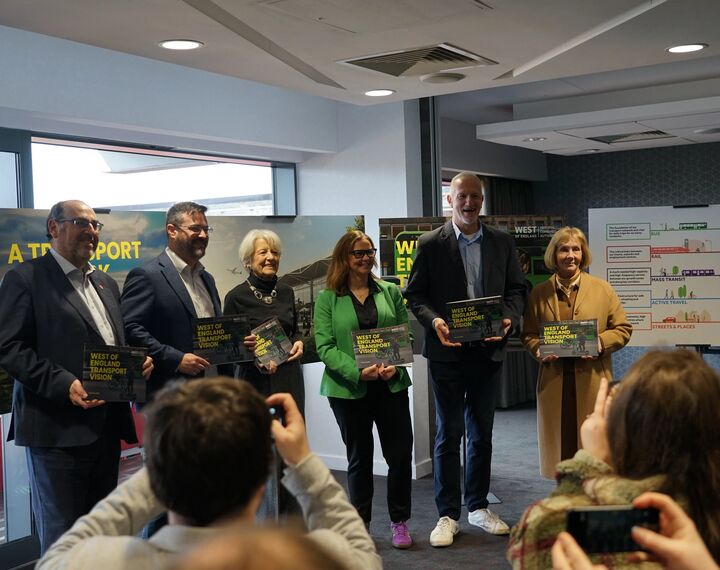Councillor Tony Dyer (Bristol), Councillor Kevin Guy (Bath & North East Somerset), Councillor Maggie Tyrrell (South Gloucestershire), Mayor Helen Godwin (West of England), Councillor Ian Boulton (South Gloucestershire), and Councillor Catherine Gibbons (North Somerset) unveiling the West of England Transport Vision. 