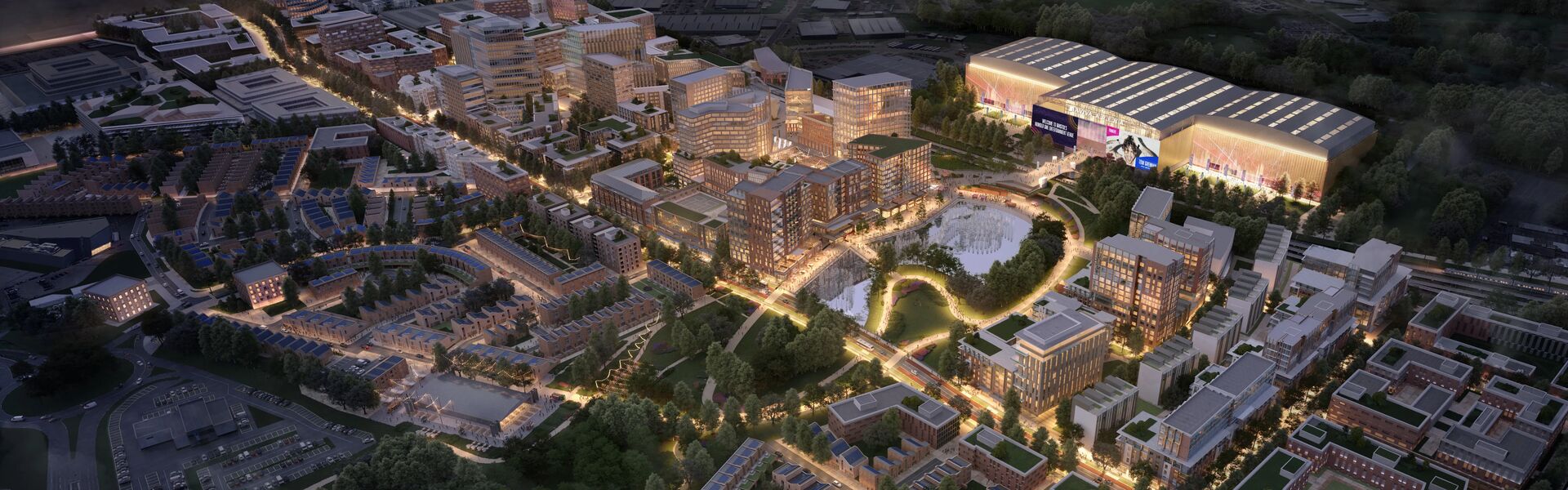 cgi aerial view of aviva arena at brabazon