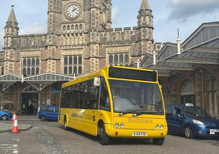 The Big Lemon bus at Bristol Temple Meads Station