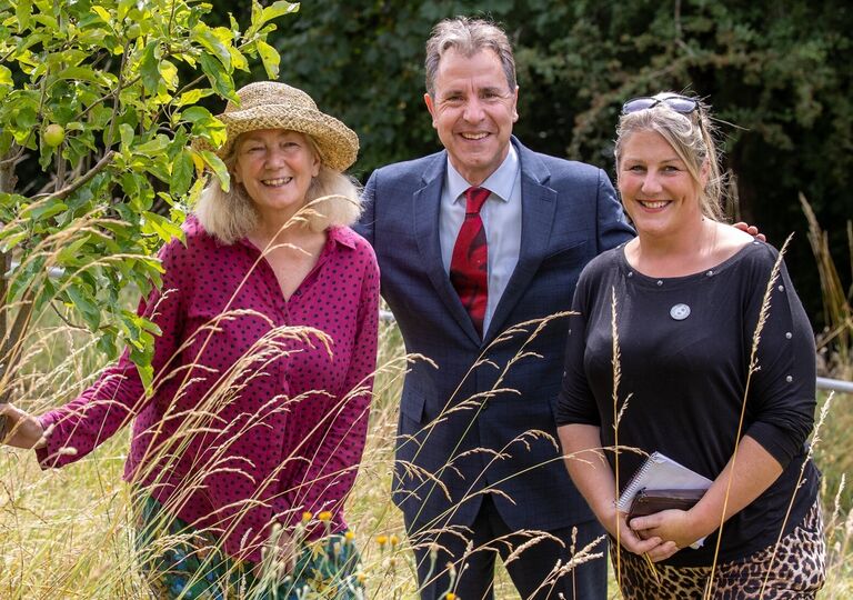 Metro Mayor Dan Norris's visit to Grow Batheaston to launch the £1 million Bee Bold Pollinator Fund. Pictured are Ali Rogers, Alison Harper (in hat) (both of Grow Batheaston) and Metro Mayor Dan Norris
