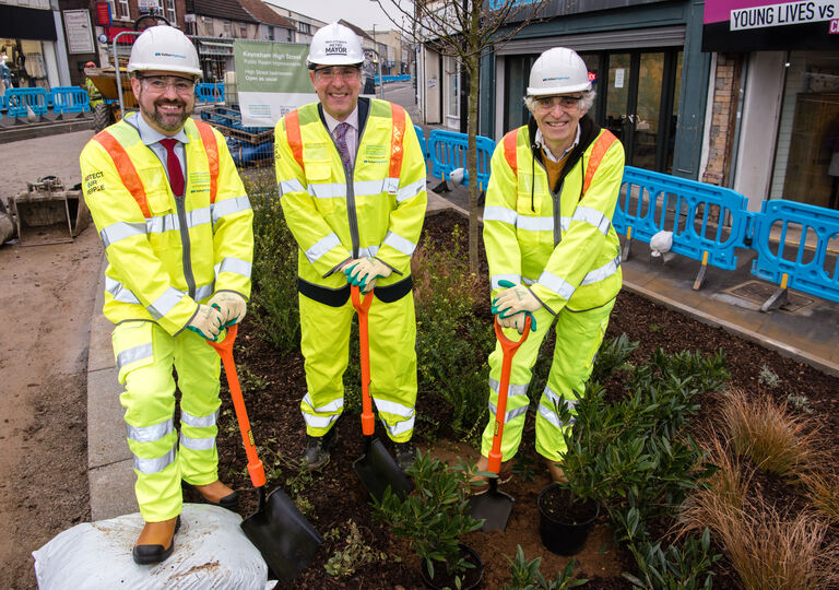 As planned works to Keynsham High Street reach the final phase, West of England Metro Mayor Dan Norris planted a tree to mark a major milestone in the project. Left to right: Councillor Kevin Guy, B&NES Council Leader; Dan Norris, West of England Metro Mayor; Andy Wait, Keynsham Town Council Chair