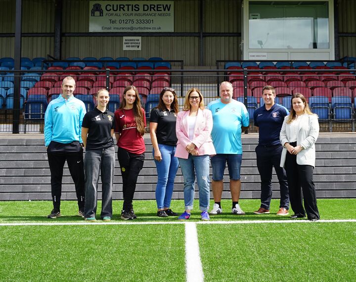 Helen Godwin, the new Mayor of the West of England, is pictured with players and officials from Mangotsfield United WFC and Gloucestershire FA at Cossham Street Stadium.