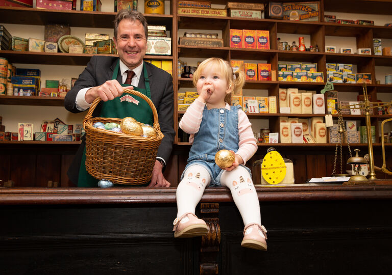 Metro Mayor Dan Norris launching the Easter Egg hunt with the help of Ivy (2) at Radstock Museum