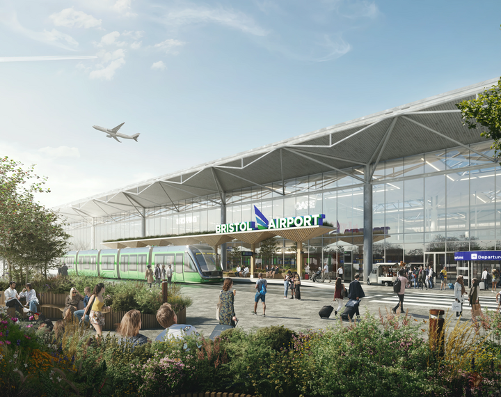 A mass transit concept shows a tram/light rail vehicle serving Bristol Airport