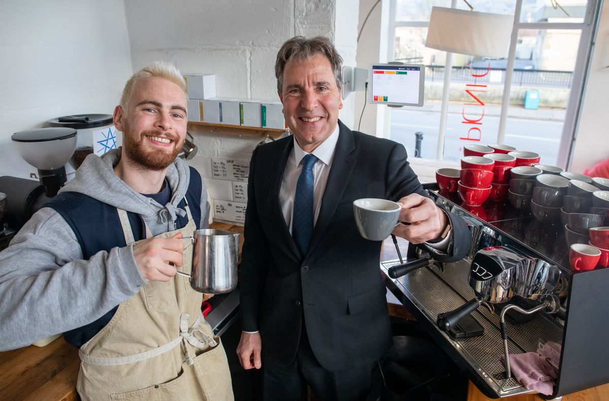 Picnic Coffee member of staff Declan with Metro Mayor Dan Norris