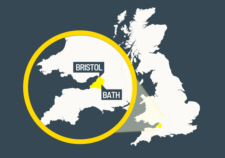 Map locating where Bristol and Bath are in the UK