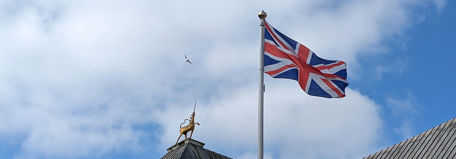 The Union Flag is pictured flying alongside one of the unicorns on the roof of City Hall in Bristol.