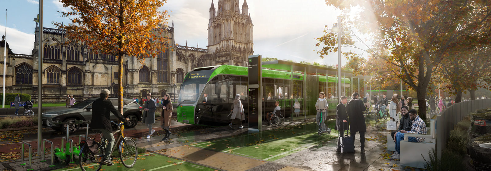 A mass transit concept shows vehicle serving Redcliffe Way