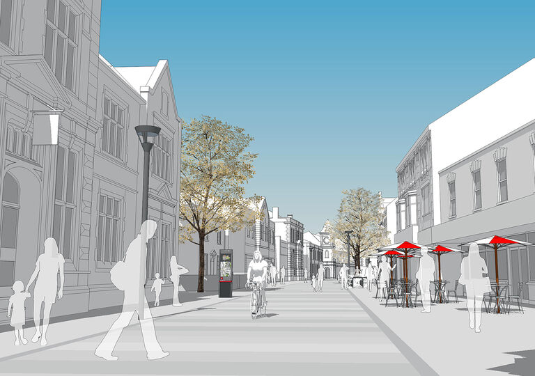 Artist's impression of Regent Street, Kingswood, with walkers and cyclist