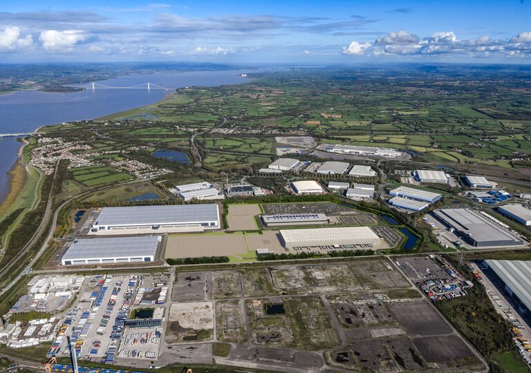 aerial view of axis works in avonmouth with severn bridge in background