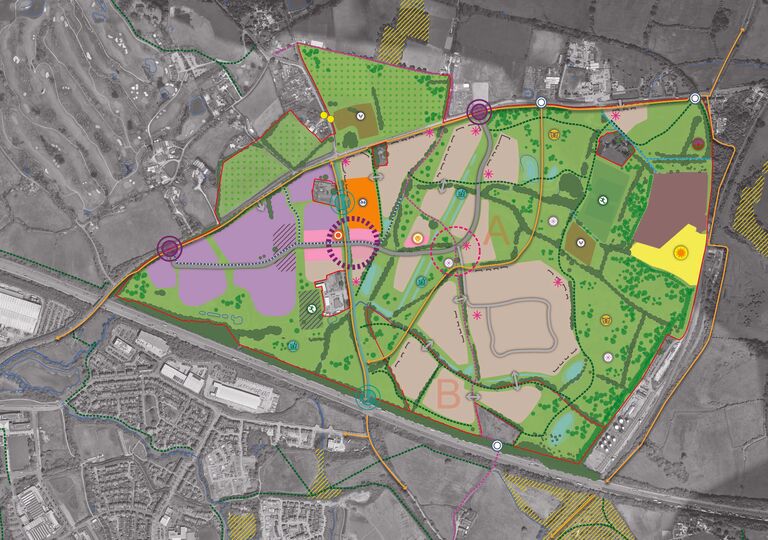 aerial view of north lyde eco-tech village with colour drawings overlaid