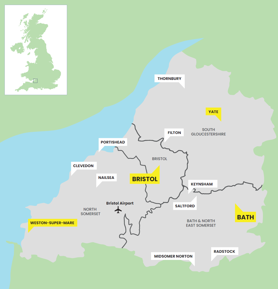 Map showing the West of England area centred on Bristol. Bristol is highlighted, with Bath also marked to the east. Surrounding towns labelled include Thornbury, Yate, Filton, Keynsham, Saltford, Midsomer Norton, Radstock, Yatton, Clevedon, Portishead, Weston-super-Mare, and Bristol Airport. The map also shows boundaries with South Gloucestershire, North Somerset, and Bath and North East Somerset, plus a small inset map showing the location within England.