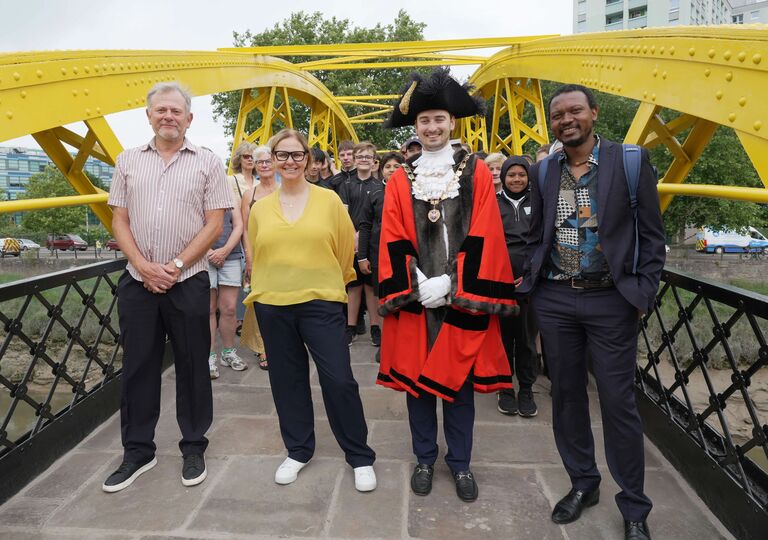 Cllr Ed Plowden, Mayor Helen Godwin, The Lord Mayor, Cllr Sibusiso Tshabalala at the opening of new bridge